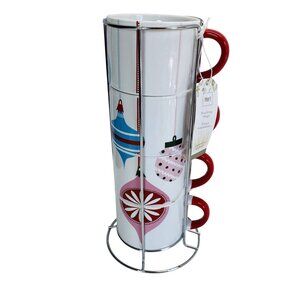 Pier One Stacking Mug Set on Stand Christmas Ornaments Red Handles Stoneware